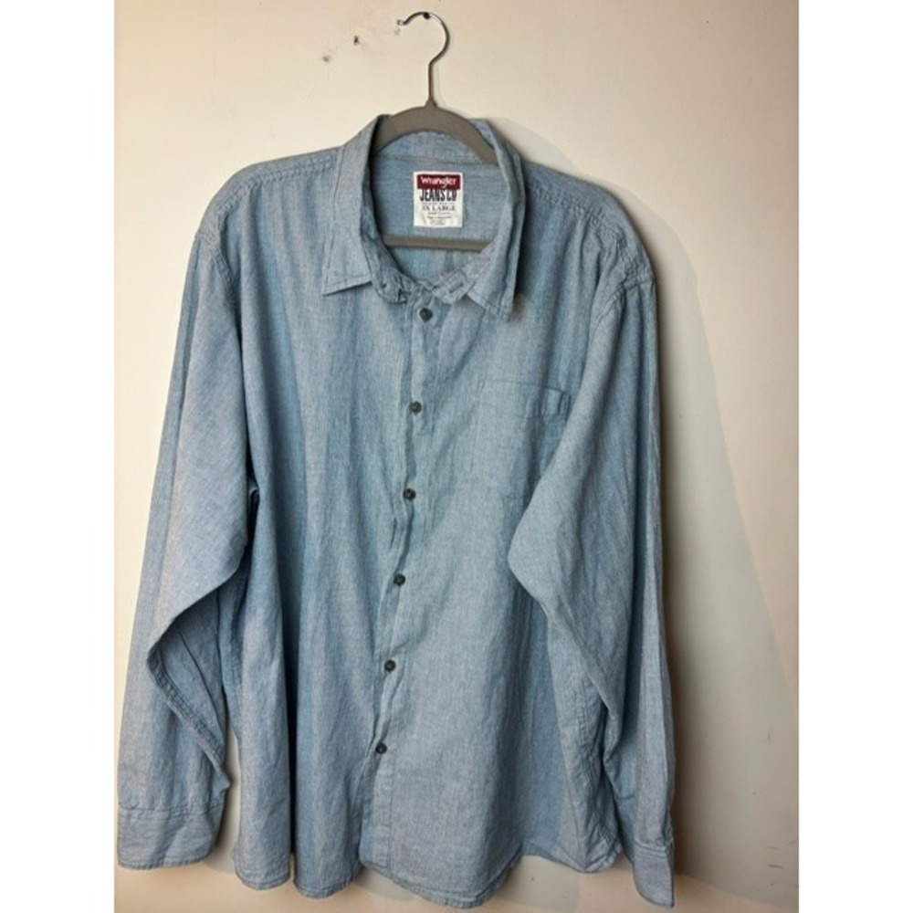 Mens 3XL Wrangler Button-Up Shirt Blue Striped Cotton Pocket Long Sleeve Preppy